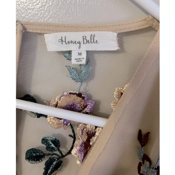 Honey Belle nude romper, shorts w/sheer overlay, floral/flower embroidery design - Picture 3 of 9